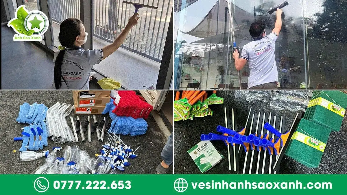 Dụng cụ và hóa chất Ánh Sao Xanh dùng để lau kính nhà ở TPHCM, gồm gạt kính, khăn microfiber và bình xịt chuyên dụng.