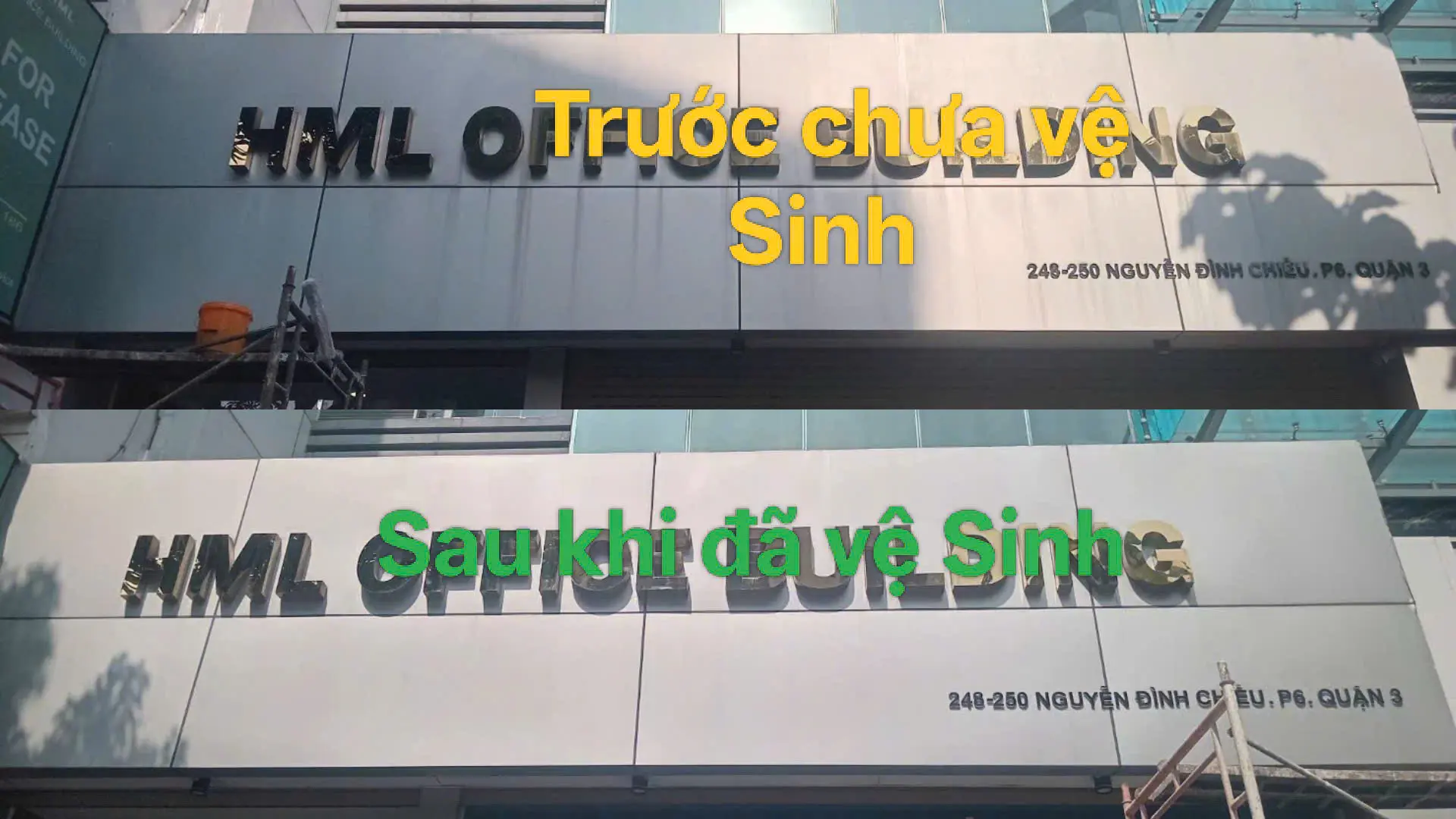 Trước và sau khi vệ sinh bảng hiệu alu tại TPHCM – dịch vụ Ánh Sao Xanh