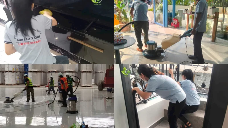 Các hạng mục trong dịch vụ vệ sinh công nghiệp gồm vệ sinh nhà xưởng, văn phòng, lau kính, vệ sinh sàn và vệ sinh sau xây dựng.