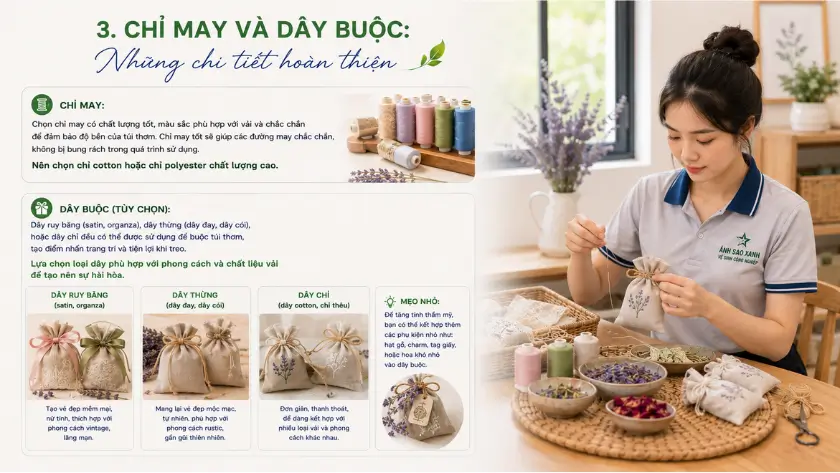 Chỉ may và dây buộc - những chi tiết hoàn thiện giúp túi thơm bền đẹp hơn