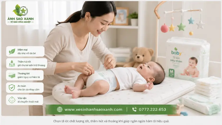 Mẹ đang thay tã mới cho bé sơ sinh, chọn loại tã mềm mại và thoáng khí