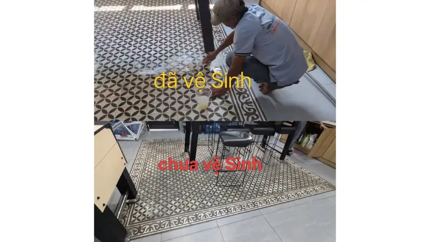 Tẩy xi măng và keo trên nền gạch bông