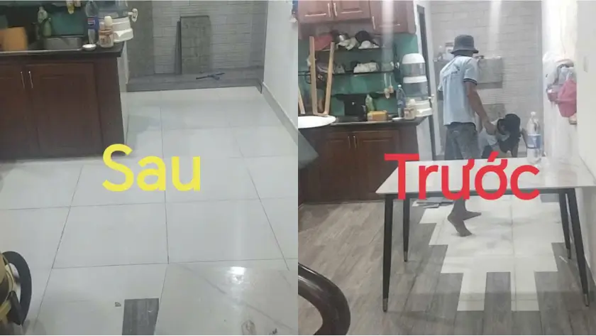 Hình ảnh trước và sau khi lột thảm, tẩy keo và vệ sinh sàn tại TPHCM