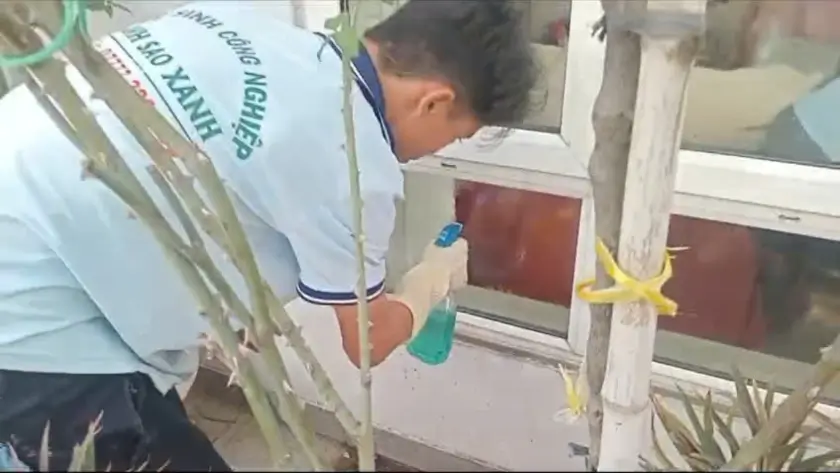 Nhân viên đang phun hóa chất tẩy cặn canxi lên bề mặt kính