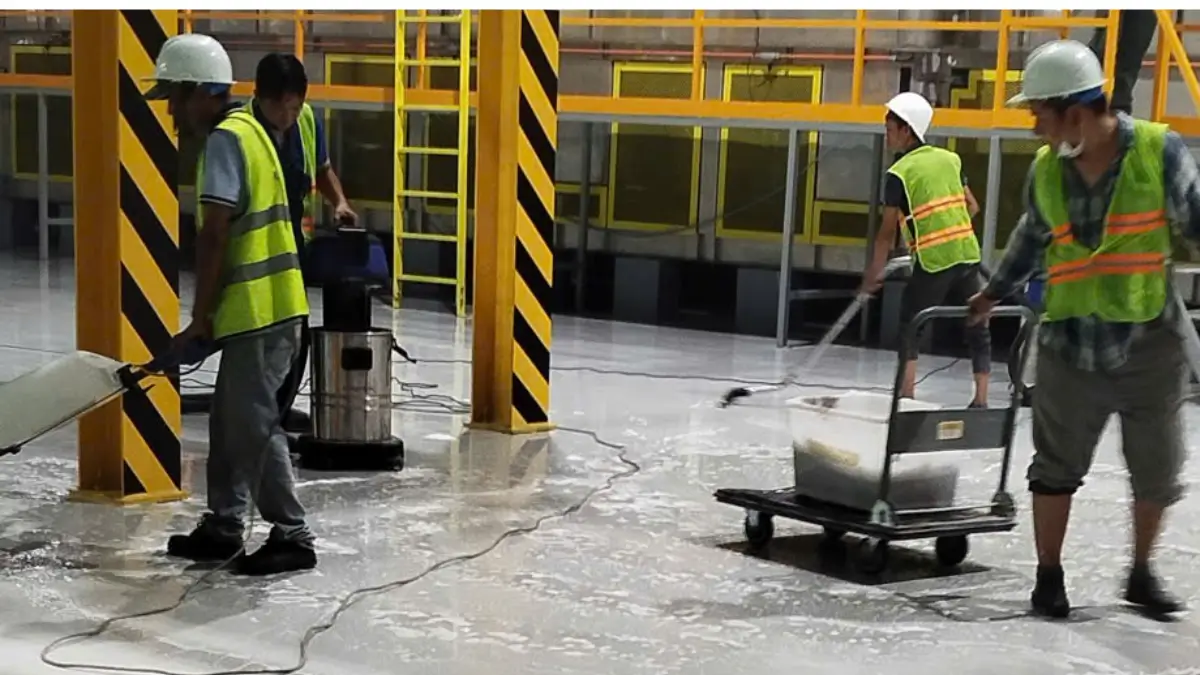 Nhân viên Ánh Sao Xanh vệ sinh sàn nhà xưởng tại dự án Long An
