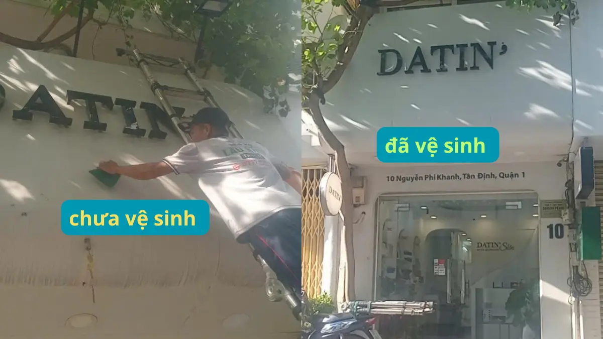 Hình ảnh bảng hiệu DATIN trước và sau khi vệ sinh tại Quận 1, TPHCM.